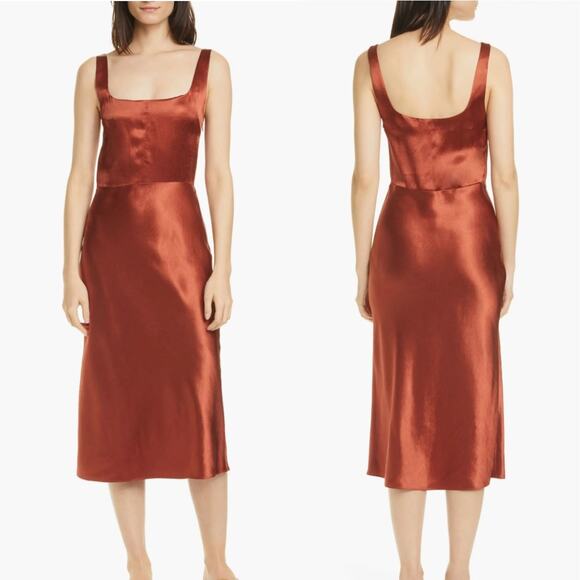 Vince Fitted Satin Midi Slip Dress US 10 Rust Burnt Orange Formal Party Glam - Picture 15 of 15